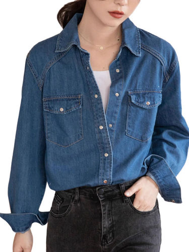 Retro Hong Kong Style Chic Blue Women's Autumn New Long-Sleeve Loose Matchable Denim Shirt Jacket