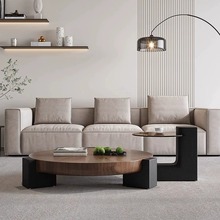 客厅高级感设计师意式极简实木纹茶几组合圆形北欧小户型茶桌家用