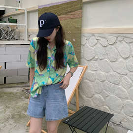 港风古着感印花衬衫女2025新款夏复古港味宽松短袖衬衣设计感小众