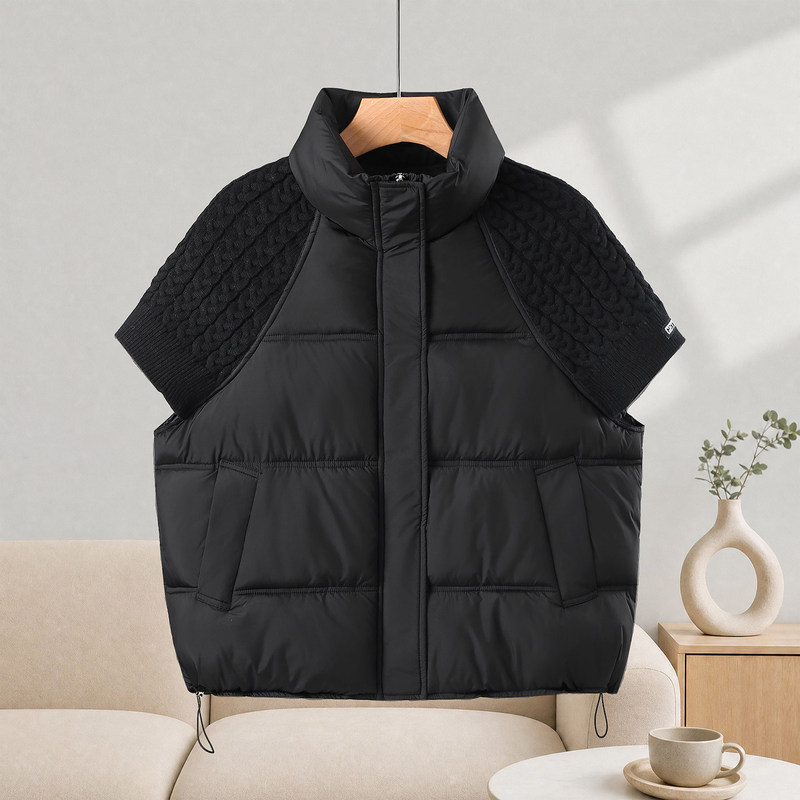 New down jacket with a vest overlay for petite women, stand-up collar, short-sleeved, Korean style, autumn and winter, knitted patchwork vest, fashionable layering for women