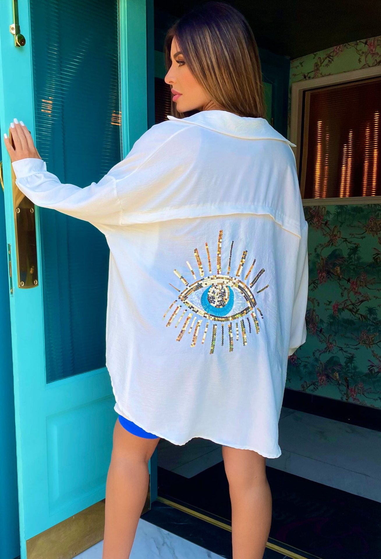 231g Weight Long Sleeve Sleeve Length Single Breasted Placket Type Regular Sleeve Sleeve Type Polyester Fabric Type Long Top Length Blouse Tops Type Holiday, Daily Occasion Turndown Neckline Regular Fit Fit Type Devil's Eye, Eye Pattern Summer, Spring Season Women's Gender Printing Design Streetwear Style Wholesale Women's Streetwear Devil's Eye Eye Long Sleeve Printing Blouses 无
