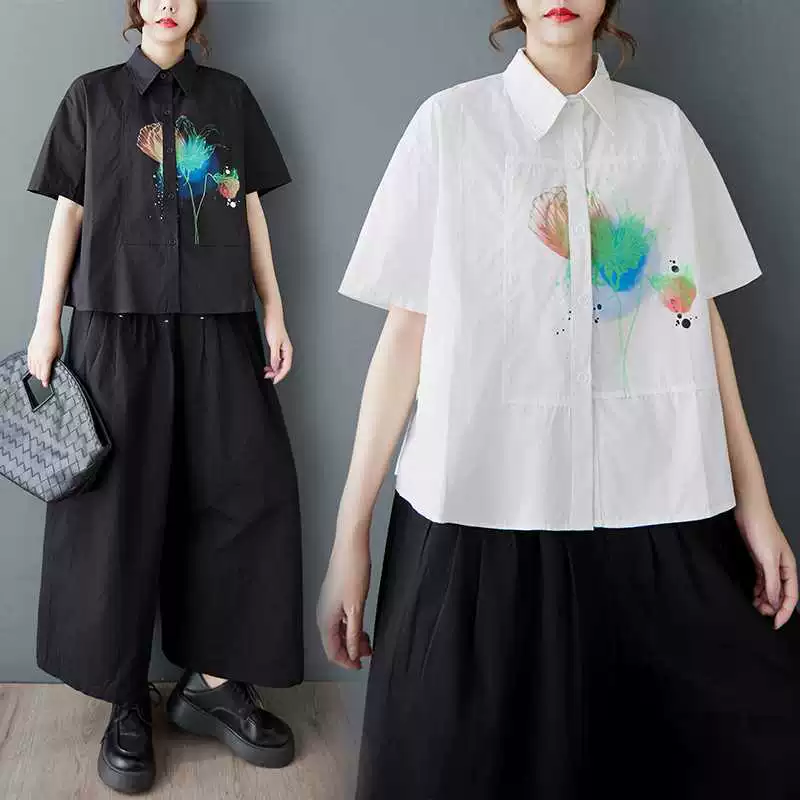 Новая летняя рубашка 2025 года в ретро стиле с принтом, короткий рукав, комбинированная, простая, стройнящая, для полных женщин, топ