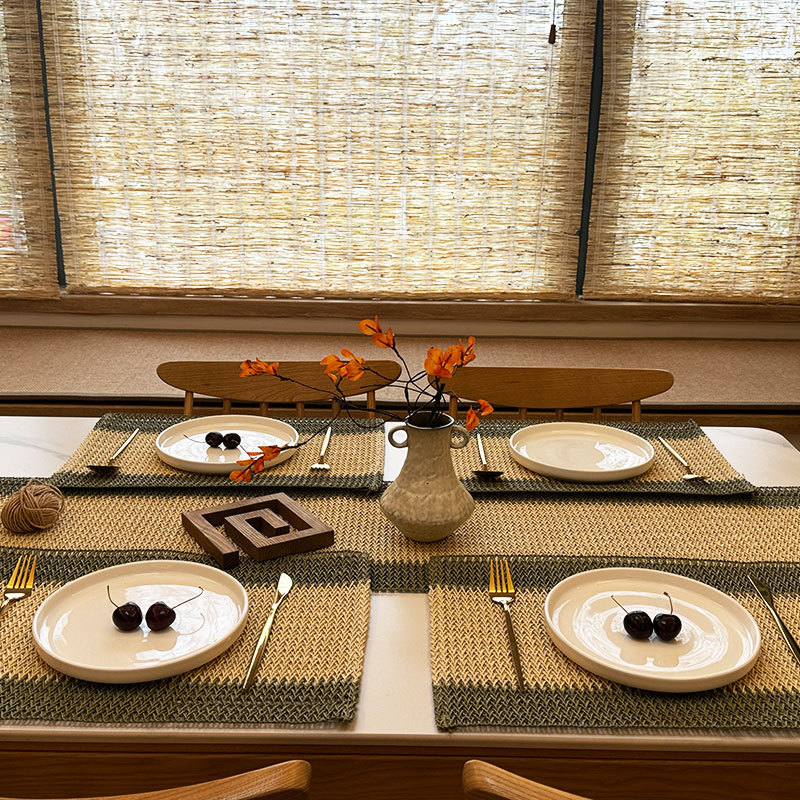 Almohadilla de mesa tejida con cuerda de papel estilo ins Almohadilla de decoración navideña de vacaciones de color a juego Almohadilla de mesa de aislamiento térmico mixto de yute tejido de papel creativo