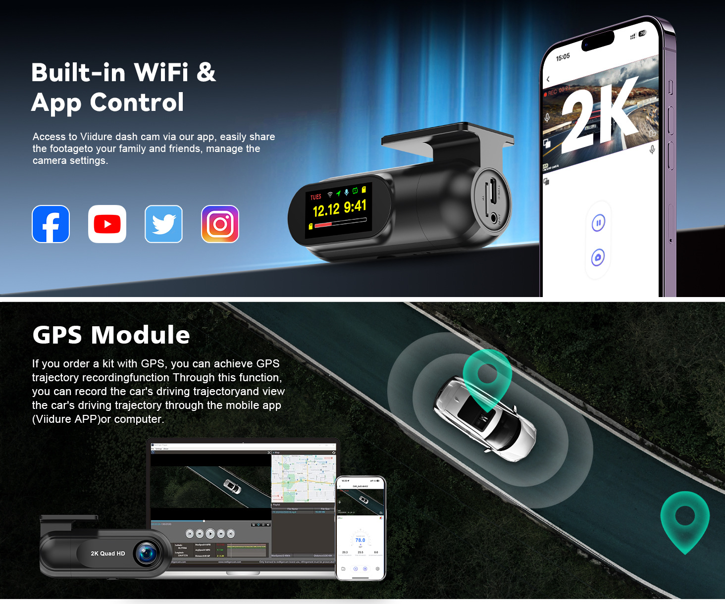 Cross-Border 2.5K High-Definition Hidden Single-Lens Dash Cam with Wifi Time-Lapse Recording and Gps Tracking
