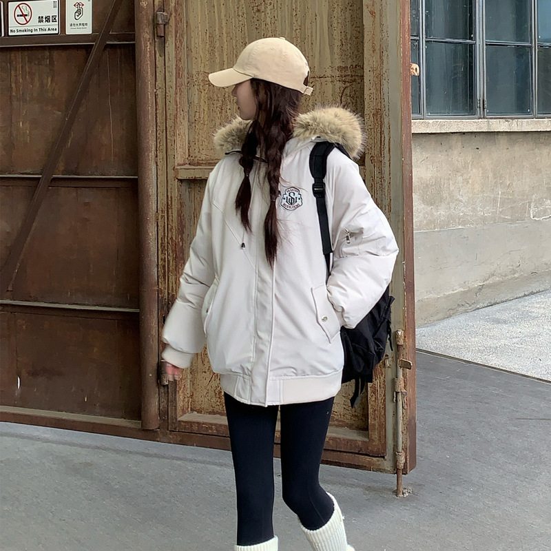 韩版毛领工装棉服女短款2025冬季新款宽松女白尖毛领面包服外套|undefined