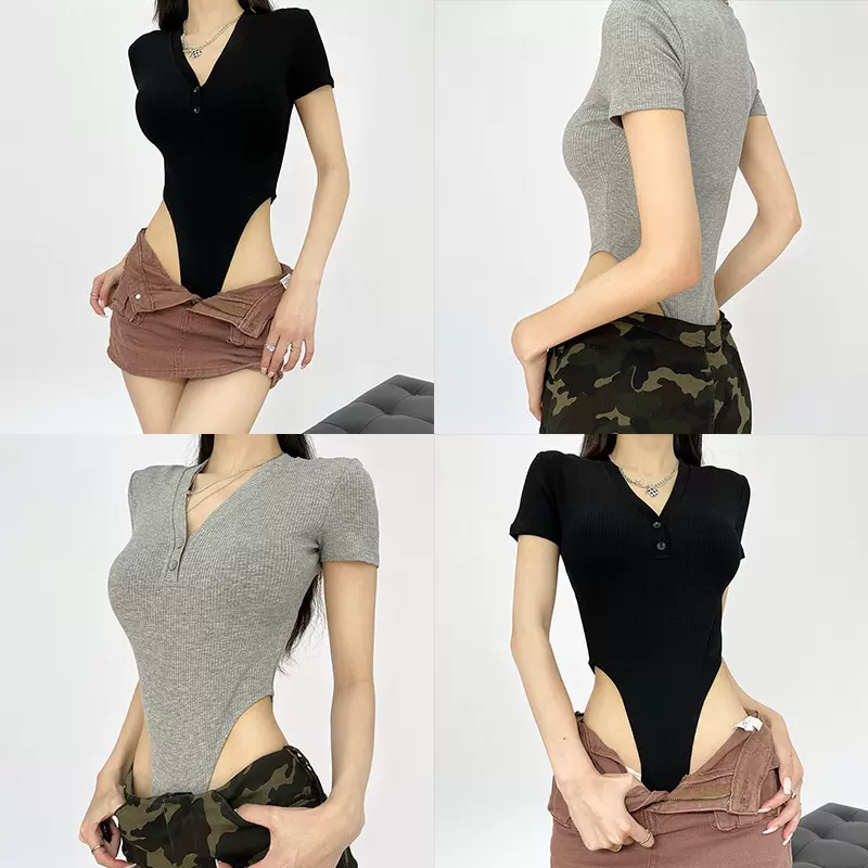 黑色v领短袖欧美t恤女创意2023夏季短款小众设计上衣修身性感潮