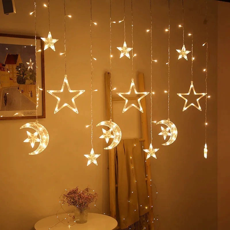 Fabricante led estrella luna luz de cortina luz decorativa control remoto solar luz de estrella luz de campamento al aire libre luz de cadena al por mayor