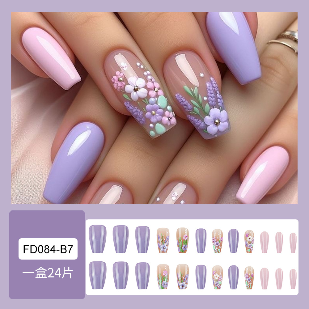 Parche de uñas en relieve de flores transfronterizas 24 piezas de uñas de uñas moradas europeas y americanas