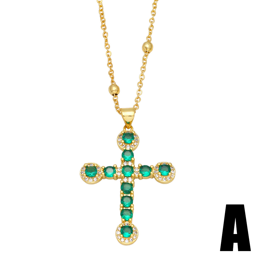 Fashion Female Hip Hop Peacock Green Zircon Cross Pendant Copper Necklace