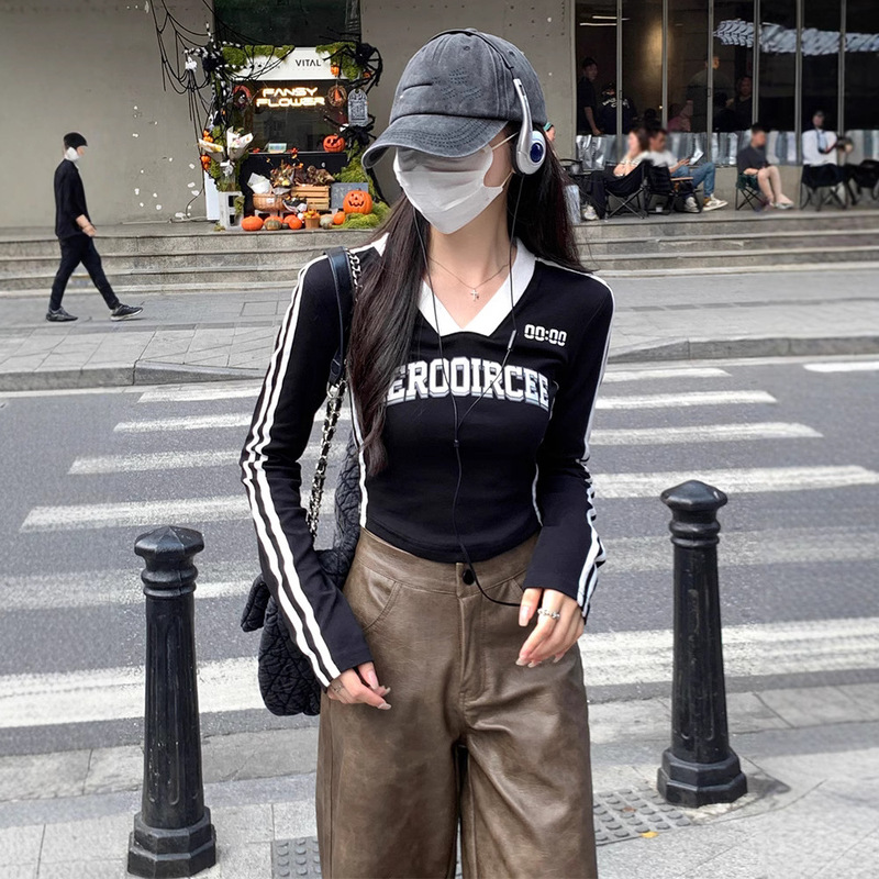 アメリカンレトロ長袖Tシャツレディース2025春秋新作タイトフィットショートベラスタイルブラックホットガールトップ|undefined