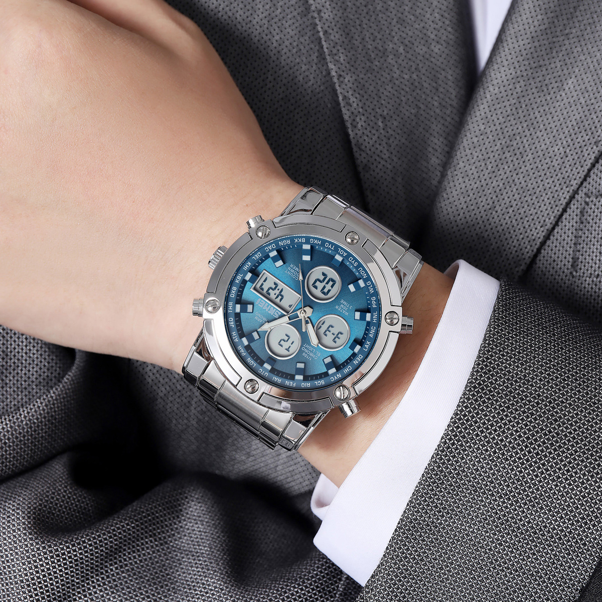 Momento de venta transfronteriza caliente de relojes de hombre acero nocturno impermeable multifuncional relojes de pulsera de doble movimiento mayorista en stock
