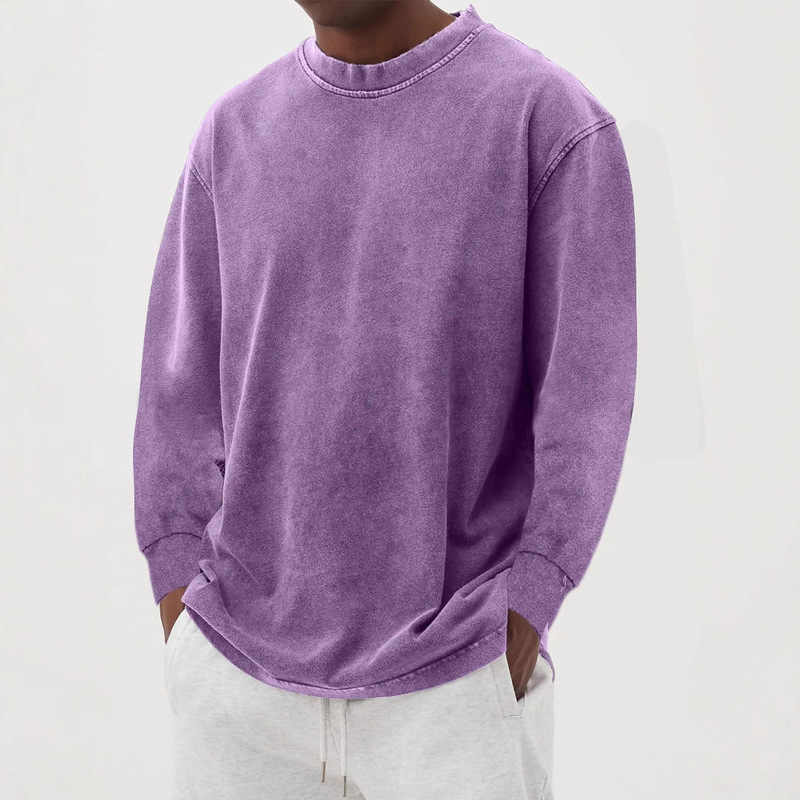 2026 new American retro washed and distressed long-sleeve T-shirt for men, loose fit, round neck, solid color, heavyweight top, cross-border men's style 2026 new American retro washed and distressed long-sleeve T-shirt for men, loose fit, round neck, solid color, heavyweight top, cross-border men's style