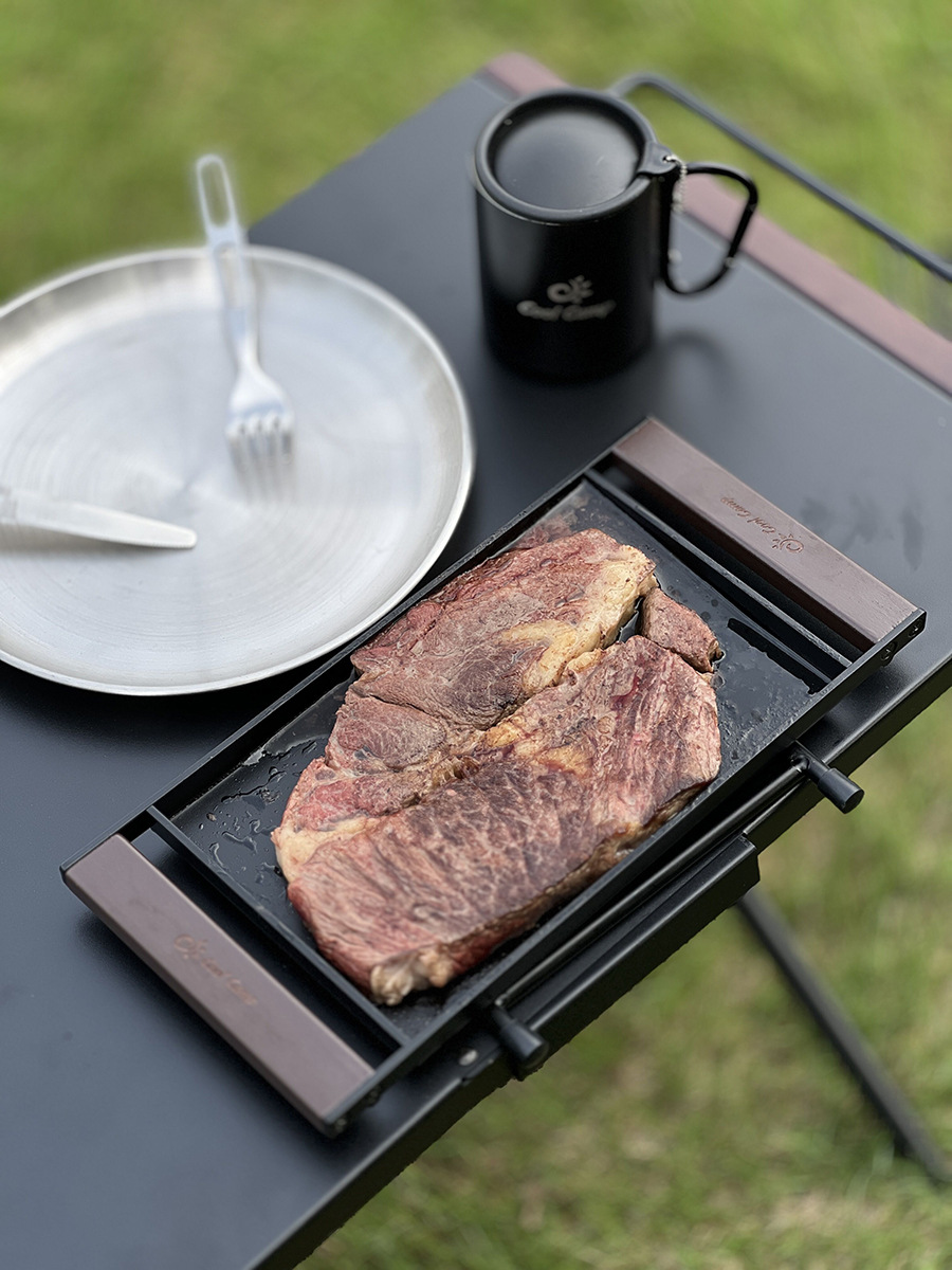 屋外キャンプバーベキュープレートピクニック携帯焼肉プレート昇降バーベキューセット木柄鉄板焼きステーキフライパン