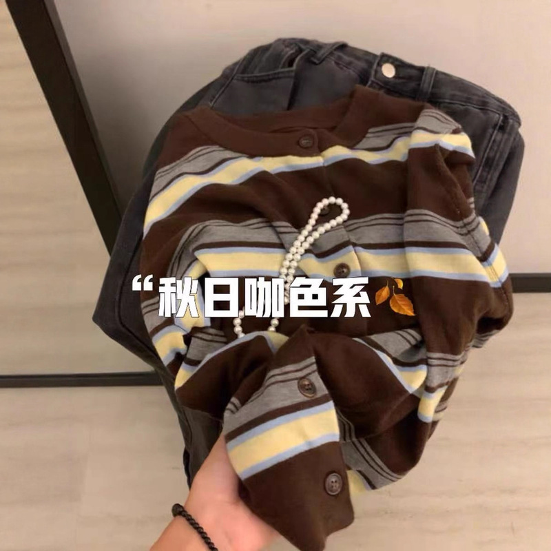 广州十三行高货爆款~美拉德咖色条纹针织衫女圆领单排扣毛衣开衫|undefined