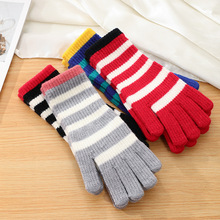 韩国东大门条纹加长款漏指开洞手套女冬季保暖防寒ins潮针织毛线