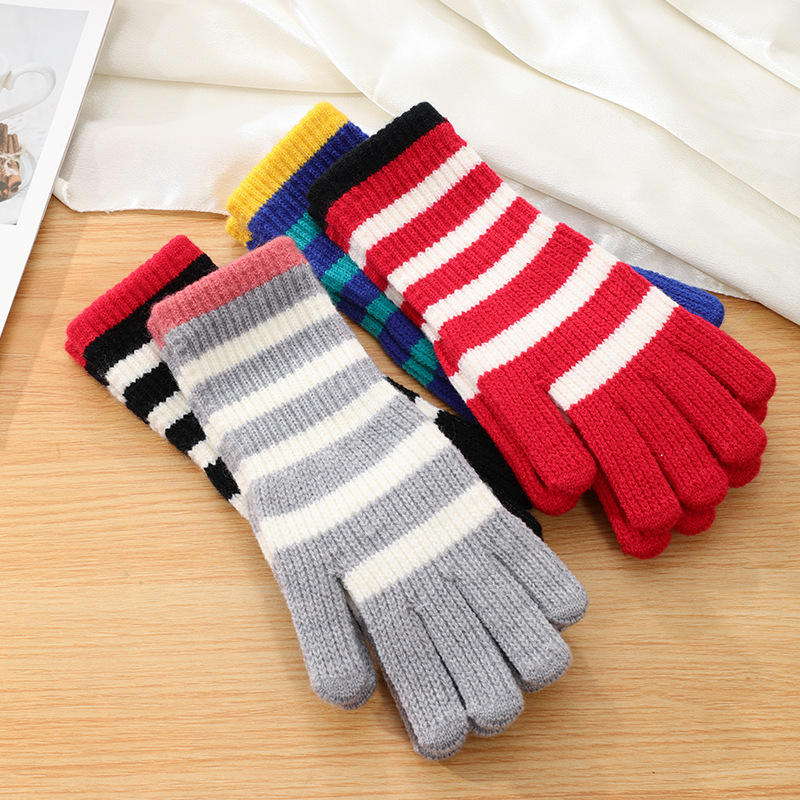 韩国东大门条纹加长款漏指开洞手套女冬季保暖防寒ins潮针织毛线