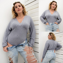 跨境大码肥婆女丝光棉长袖V领性感打底衫 外贸纯色内搭三角连体衣