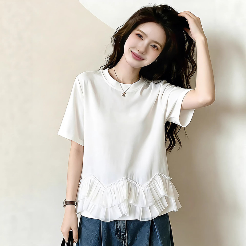 French Lace Hem White Shoulder-Length Short-Sleeved T-Shirt for Women 2026 Summer New Large Size Plus Size Top A11316