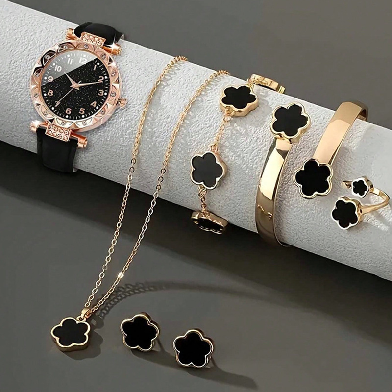 Cross-Border Hot-Selling Diamond-Encrusted Watch Women's Belt Digital Dial Quartz Watch High-Value Five-Leaf Clover Jewelry Watch Set Cross-Border Hot-Selling Diamond-Encrusted Watch Women's Belt Digital Dial Quartz Watch High-Value Five-Leaf Clover Jewelry Watch Set