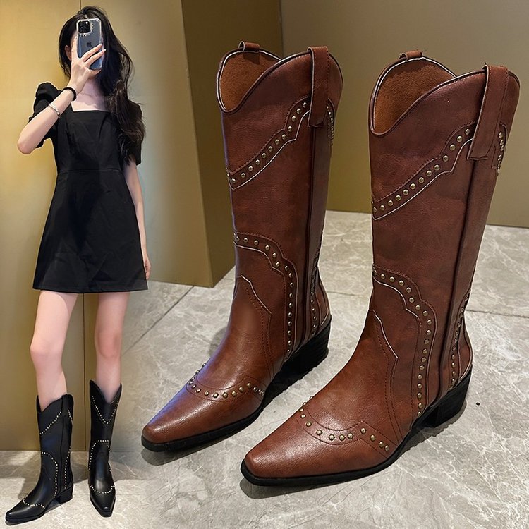 Retro denim high boots with studs English style pointed-toe