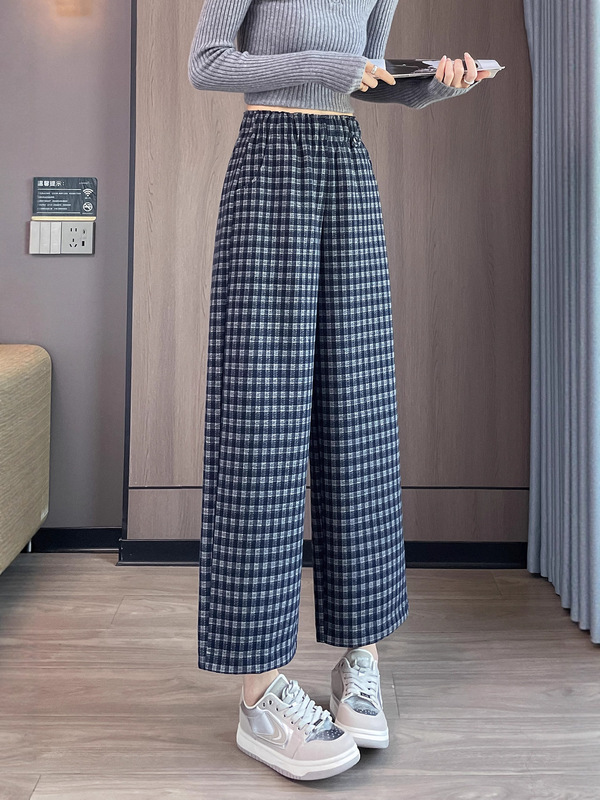 格子高级感毛呢直筒裤女秋冬新款高腰显瘦垂感磨毛休闲阔腿裤7251|undefined
