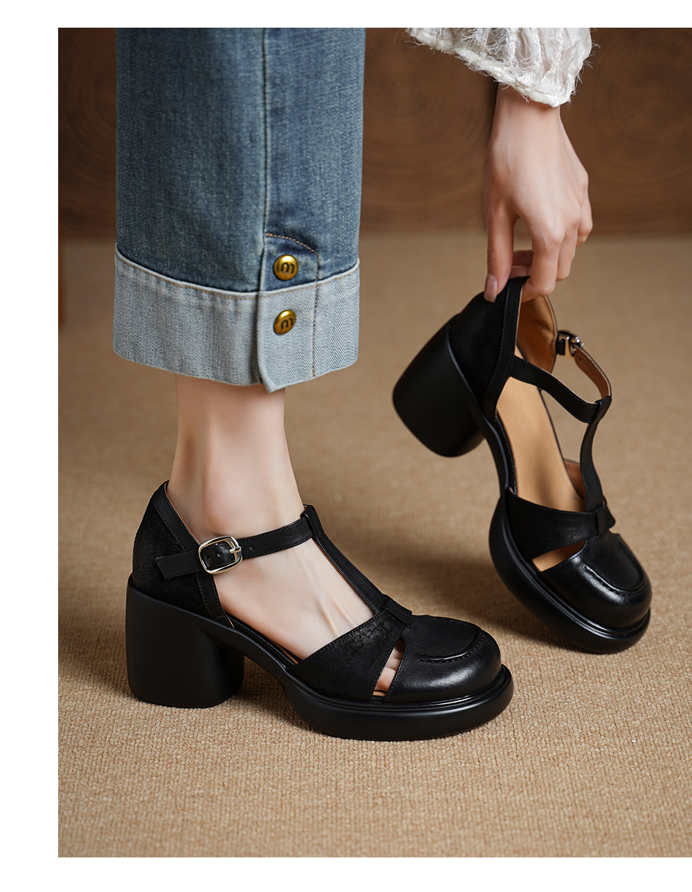 Sandal nữ cao gót mũi nhọn quai chữ T da bò, gót 8 cm — đen chi tiết 5