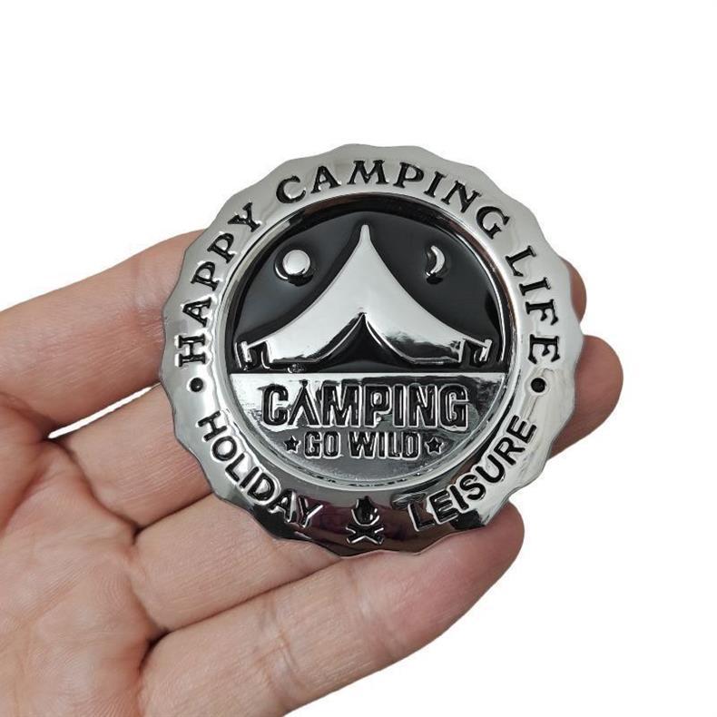 Camping car emblem, personalized creative car decal for outdoor adventures, mountain climbing, travel car body decoration, metal rear car emblem
