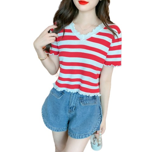 Designer-style minority black fungus V-neck striped knit women's summer unique ice silk short-sleeved thin top