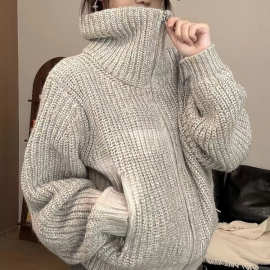 韩系复古拉链高领毛衣女秋冬慵懒高级感宽松粗线厚款针织开衫外套