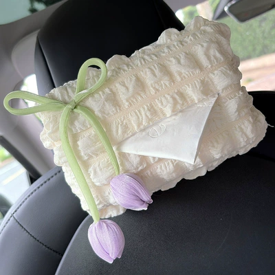 Car Tissue Box Car Creative Tulip Tissue Box Tissue Hanging Bag Armrest Box Car Interior Decoration for Women (Car tissue box/set) - tulip-purple-puff-tissue-box