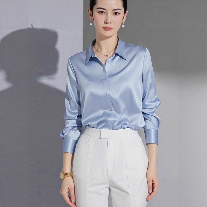 Spring and Autumn Long-Sleeved French Style Drapey Satin Shirt for Women New Commuter Professional White Loose Shirt for Women