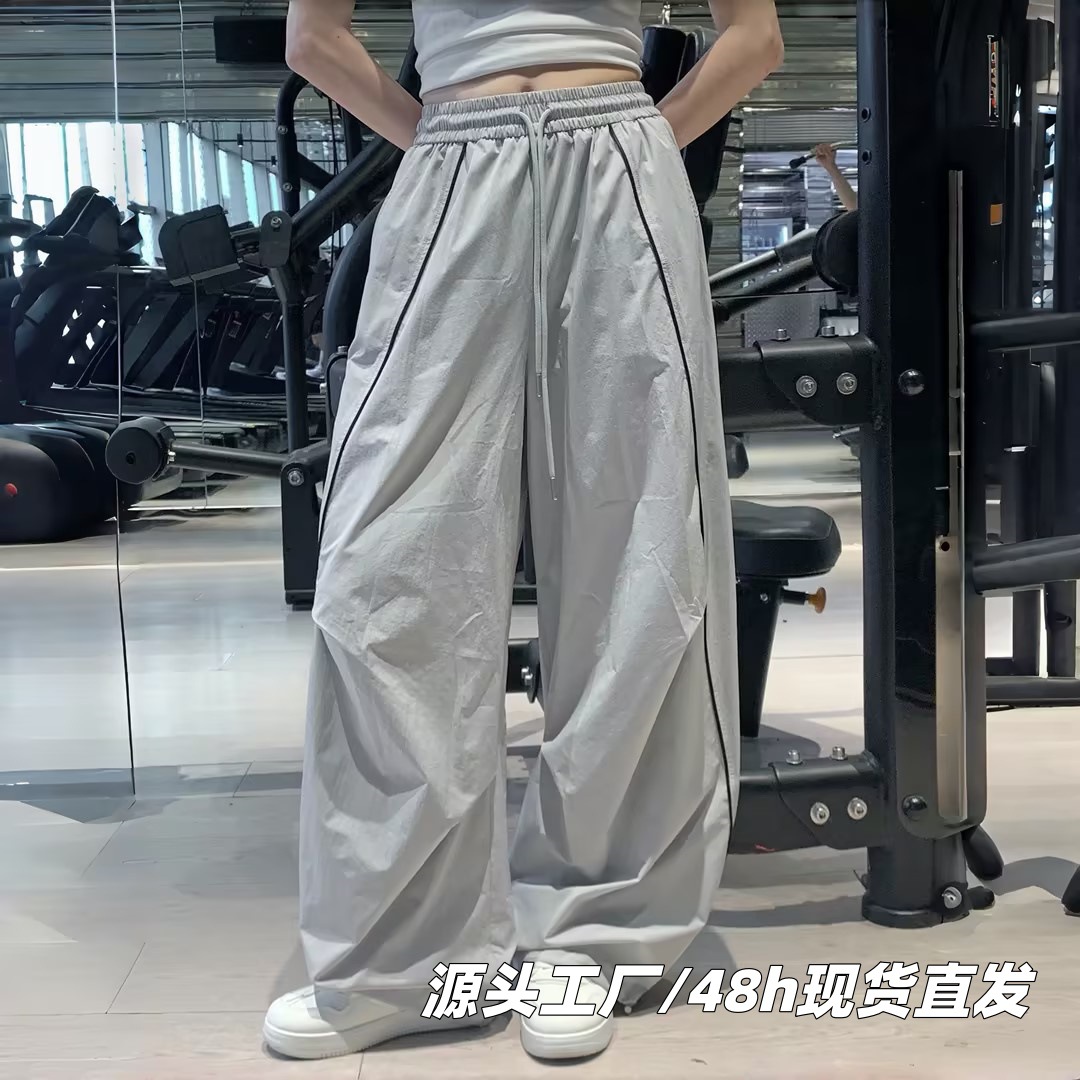 休闲运动裤2026夏季新款美式复古条纹速干弯刀裤拽步舞宽松卫裤女