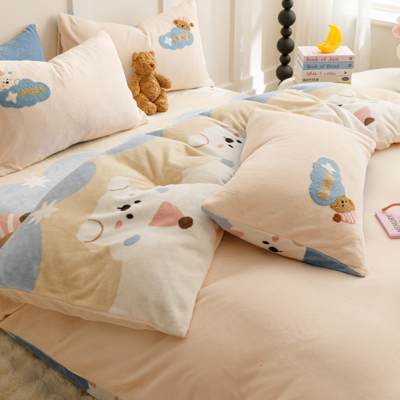 Cartoon warm milk velvet four-piece set A printing and towel embroidery three-piece set Joker autumn and winter also have panda 3