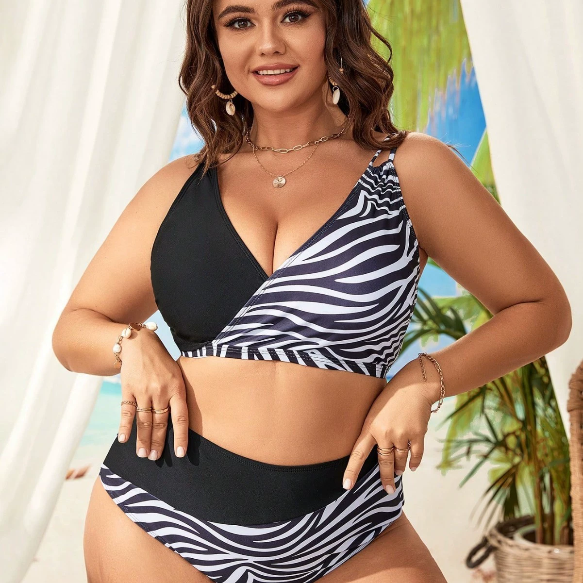 Купальник plus size, чёрный — размеры 0XL–4XL, комфортный пляжный комплект