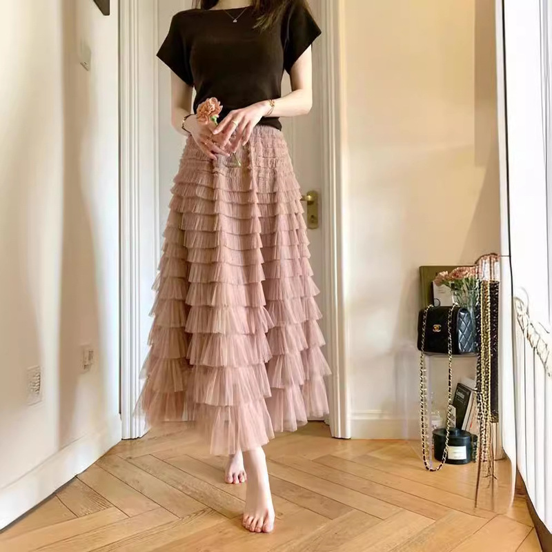 Mesh Skirt, Sexy Puffy Skirt, Early Spring and Summer New Style, Spliced Slimming Ladylike Long Skirt, Large Hem Layered Cake Skirt