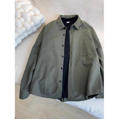 Green and Black Stylish Retro Long-Sleeve Shirt for Men, Japanese Style Casual Work Shirt, Early Spring Outerwear for Trendy Men
