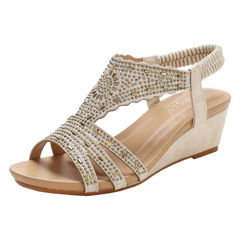 Zapatos bohemios de gran tamaño zapatos de mujer verano rhinestone ligero simple zapatos de señora sandalias de cuña Zapatos de mamá de mujer 1418-680