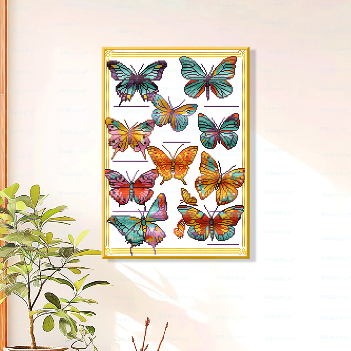 Mona Lisa, mariposas reales, nuevas piezas simples, frescas, bordadas cruzadas hechas a mano.