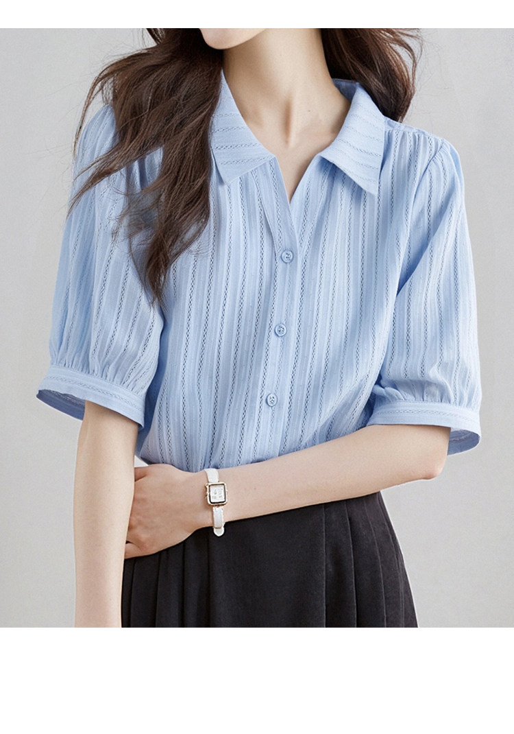 Áo sơ mi polo nữ tay ngắn cổ bẻ chất liệu cotton phối màu trơn thanh lịch — xanh lam chi tiết 4