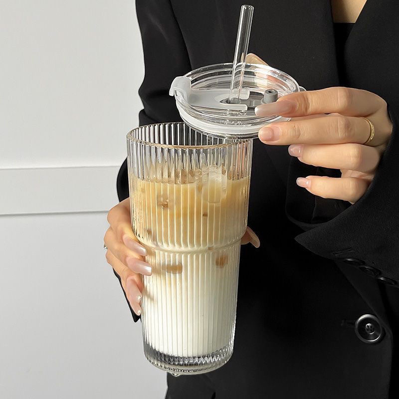 青苹果高颜值冷饮果汁带盖吸管大容量条纹玻璃杯水杯|undefined