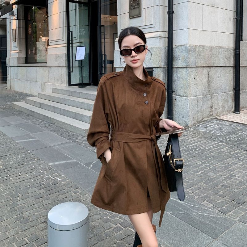 复古美拉德立领麂皮中长款风衣女2025秋新款修身显瘦气质时尚外套|undefined