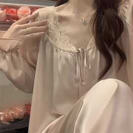 仅用于产品展示勿拍-冰丝缎面睡衣女款春夏新款花苞袖长袖蕾丝花