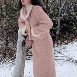 气质名媛套装女冬装2023新款小香风加厚复古粉色外套半身裙两件套