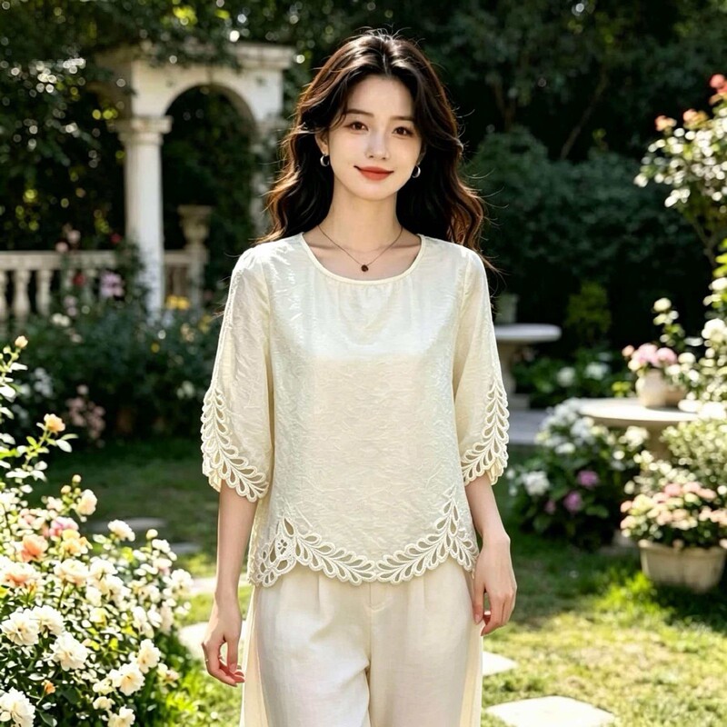 Lace Spliced Round Neck Blouse for Women, 2026 Summer New Style, Five-Quarter Sleeves, Slimming, Lightweight, Flowy, Super Fairy-Like Top Lace Spliced Round Neck Blouse for Women, 2026 Summer New Style, Five-Quarter Sleeves, Slimming, Lightweight, Flowy, Super Fairy-Like Top