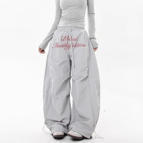 American Retro Letter Embroidered Crepe Parachute Work Pants for Men and Women, Autumn/Winter Design Sense Fleece Wide Leg Bow Knife Pants