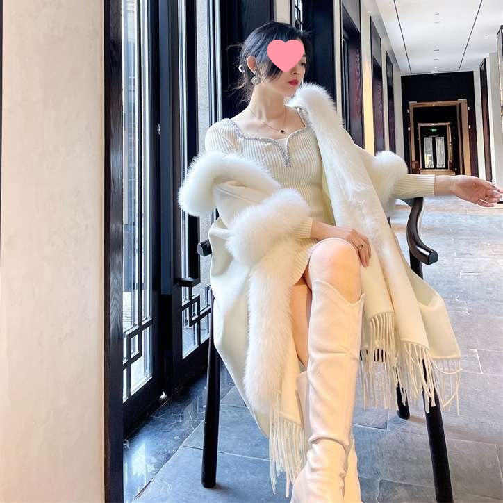 청삼 중장 모직 외투로 프린지 목도리 여자 흰목도리 판초코트 여자 가을 · 겨울 기모 두껍게