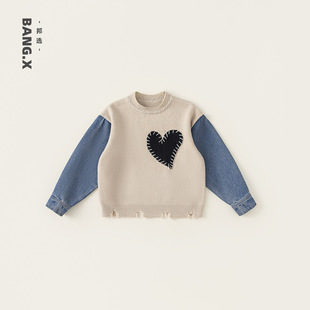 Yibao Kidsren's Clothing Kidsren's Knitwear Boys 2025 New Autumn Denim Splicing Long-Sleeved Top Heart Knitwear