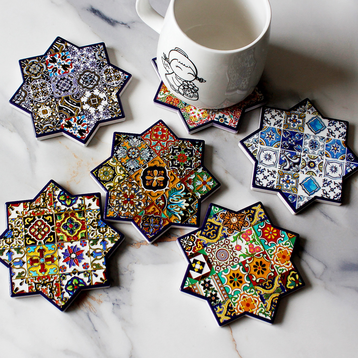 批发跨境陶瓷烫金浮雕杯垫餐具旅游纪念五角星咖啡隔热垫现货