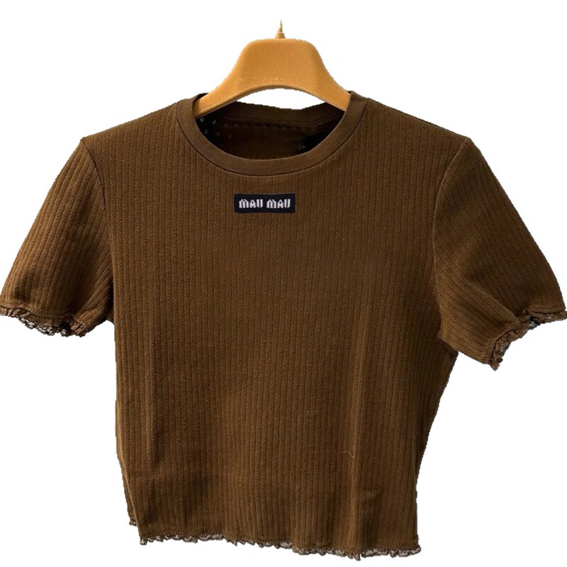Nanyou Light Luxury Fashion Women's Clothing Miu m Brand 2026 New Short Sleeve Trendy Lace Trim Knitted T-Shirt for Spring and Summer
