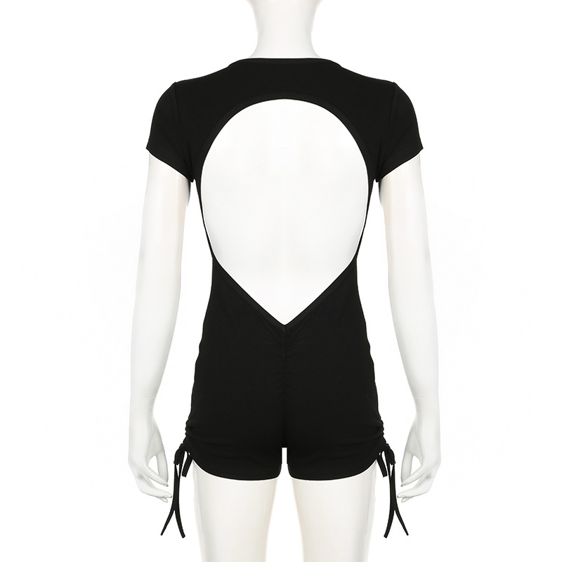 Summer Backless Drawstring Strap Sports Short Sleeved Jumpsuit Pleated Sexy Jumpsuit